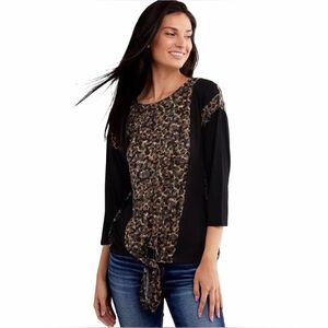 BKE Pieced Cheetah Print tie front Top in Small